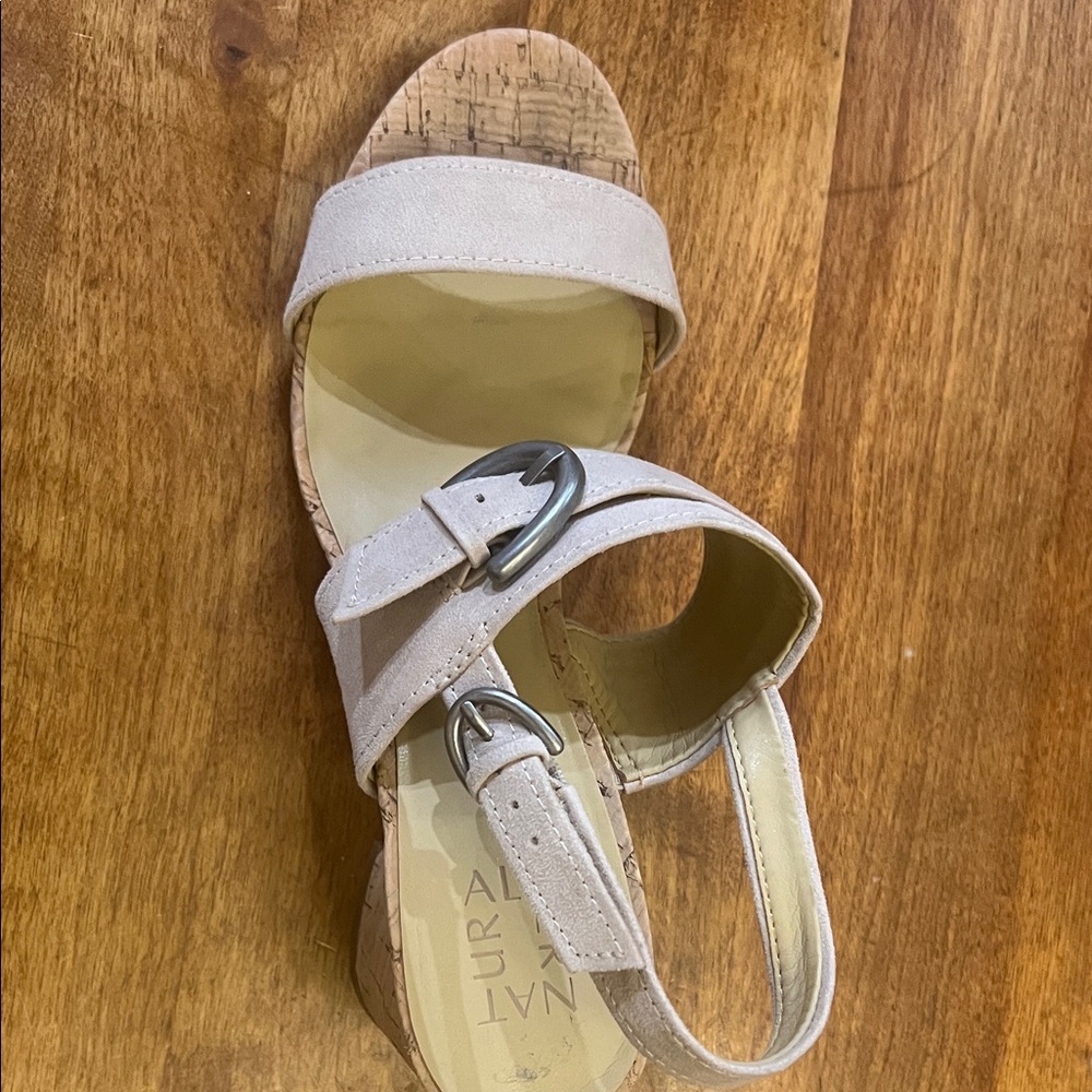 Naturalizer Kaylee Light Beige Suede Cork Block Heel Sandals - Picture 2 of 4